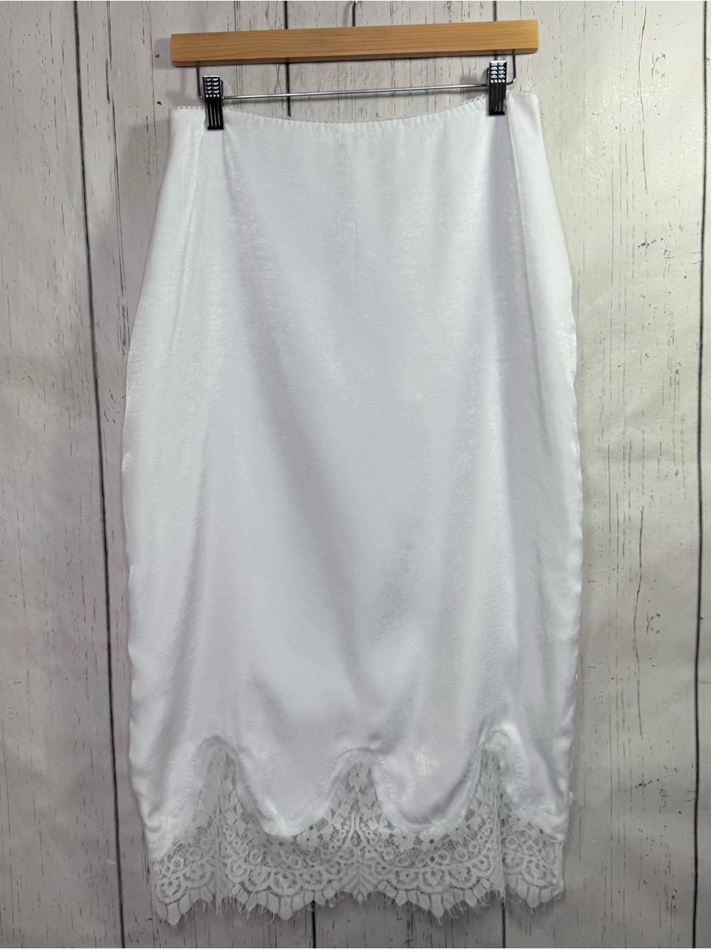 White Satin Half Slip Mdi Skirt L Lace Trim Coquette Lingerie Layering Romantic